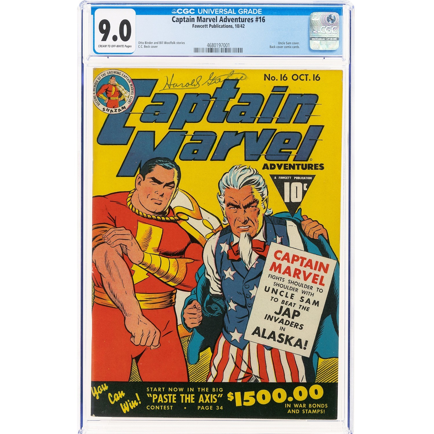 Captain Marvel Adventures #16 CGC 9.0 Classic Uncle Sam Patriotic Cover