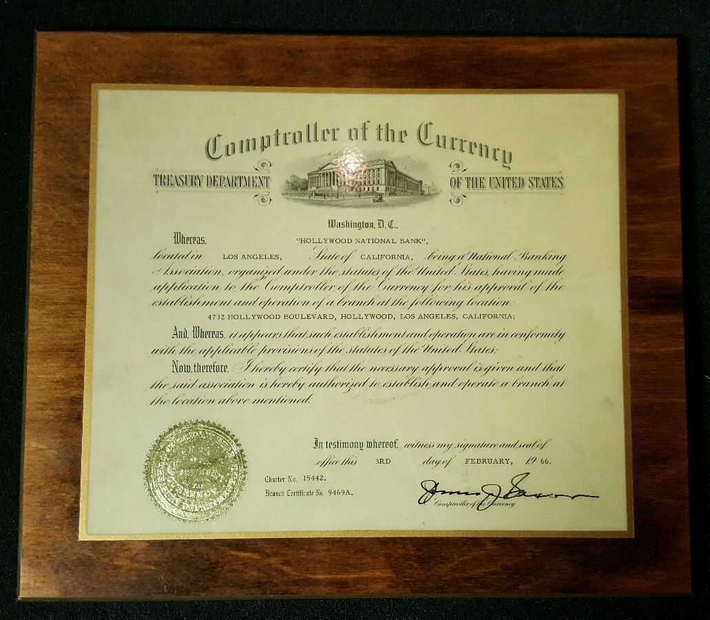 VINTAGE 1966 OBSOLETE HOLLYWOOD NATIONAL BANK BLVD CA GOLD SEAL CERTIFICATE VINTAGE 1966 OBSOLETE HOLLYWOOD NATIONAL BANK BLVD CA GOLD SEAL CERTIFICATE