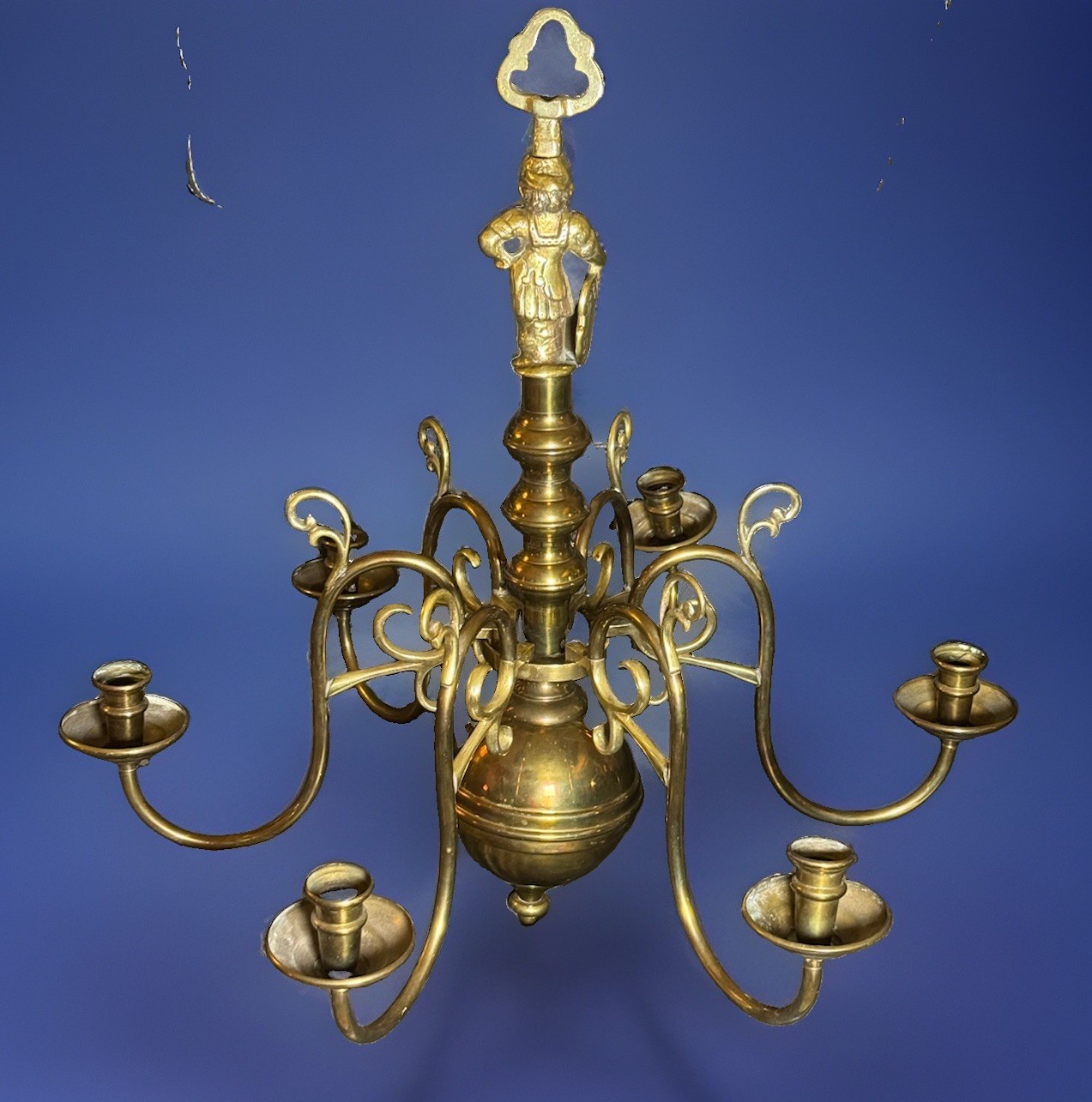 ANTQ Dutch / Flemish-style BRASS 6-Scroll Arm Candle Chandelier Knopped Stem 24” ANTQ Dutch / Flemish-style BRASS 6-Scroll Arm Candle Chandelier Knopped Stem 24”