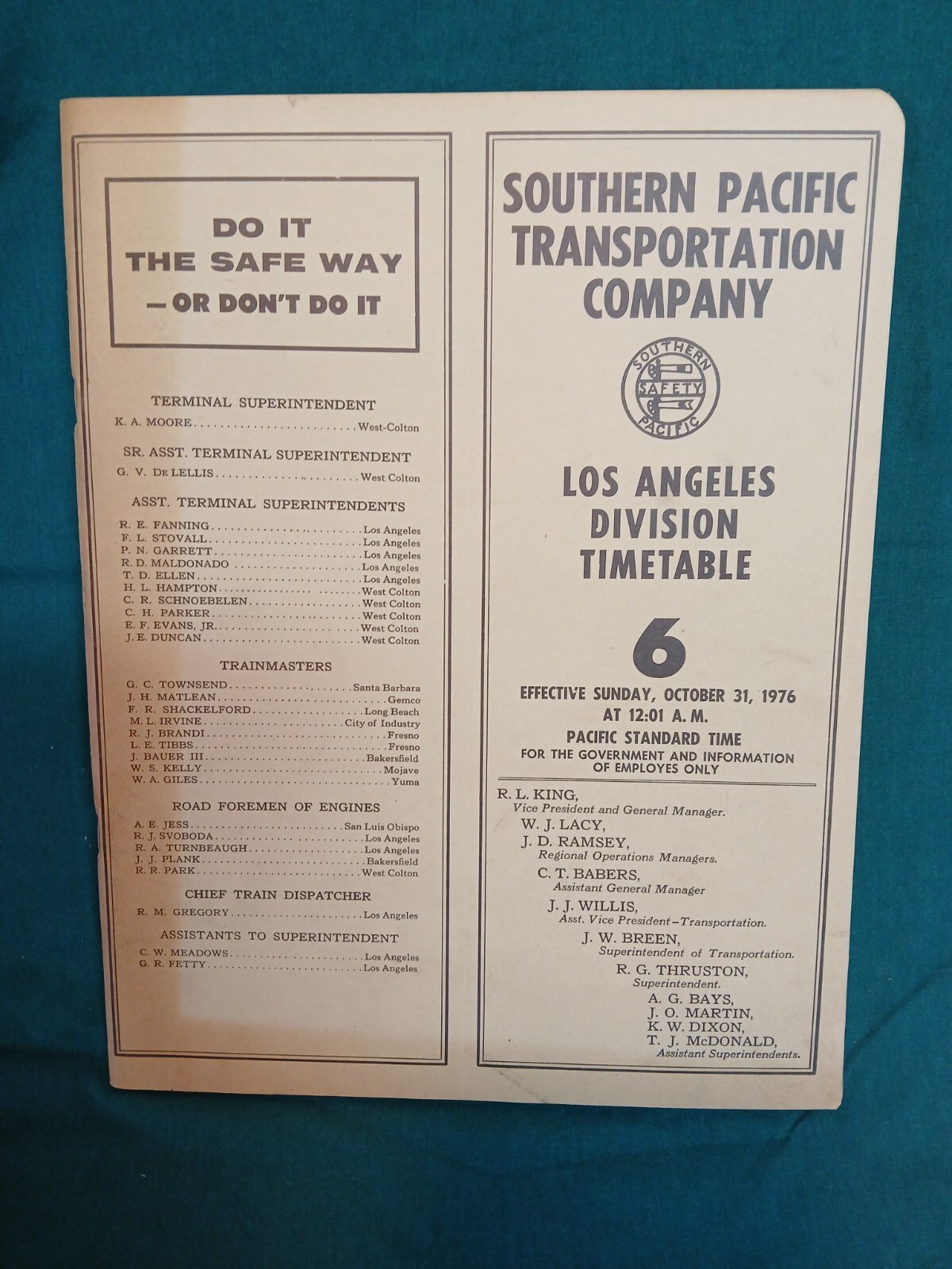 Southern Pacific 10/31/1976 Employee Timetable #6: Los Angeles Division Southern Pacific 10/31/1976 Employee Timetable #6: Los Angeles Division