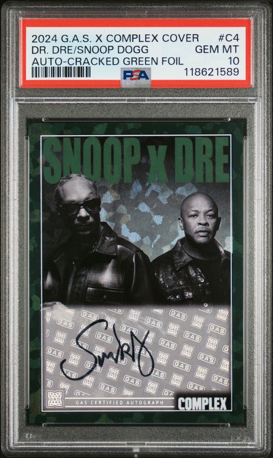 2024 G.A.S. X COMPLEX C4 SNOOP DOGG DR. DRE AUTOGRAPH CRACKED GREEN PSA 10 #/31 2024 G.A.S. X COMPLEX C4 SNOOP DOGG DR. DRE AUTOGRAPH CRACKED GREEN PSA 10 #/31