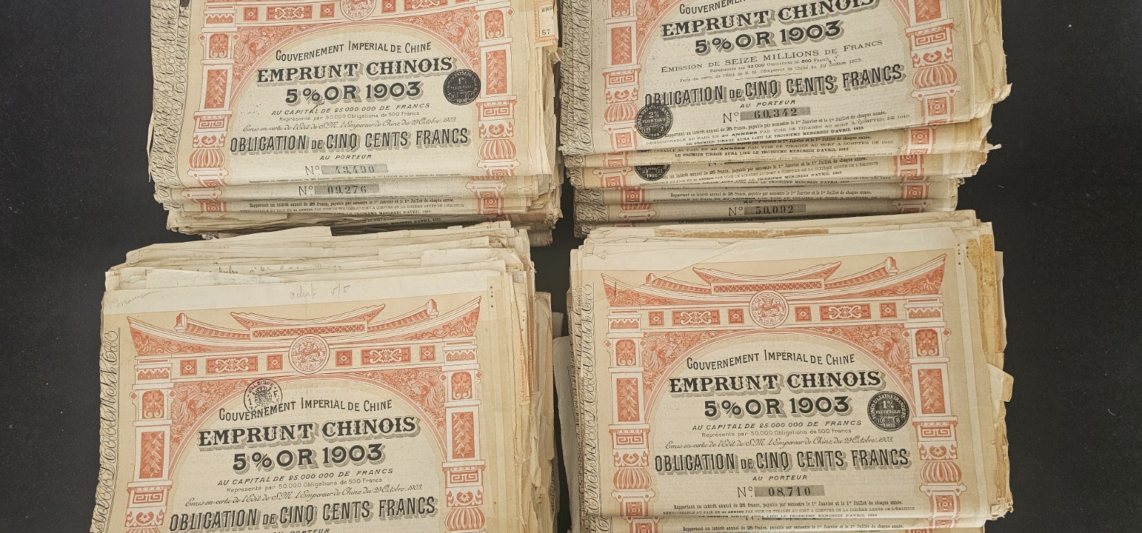 Lot of 1000 China 1903 5% Gold Loan Bonds - 500 Francs - With Coupons Lot of 1000 China 1903 5% Gold Loan Bonds - 500 Francs - With Coupons