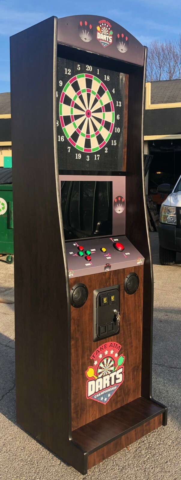 Take Aim Coin Op Dart Board With Internet for commercial & home, wood grain-New Take Aim Coin Op Dart Board With Internet for commercial & home, wood grain-New
