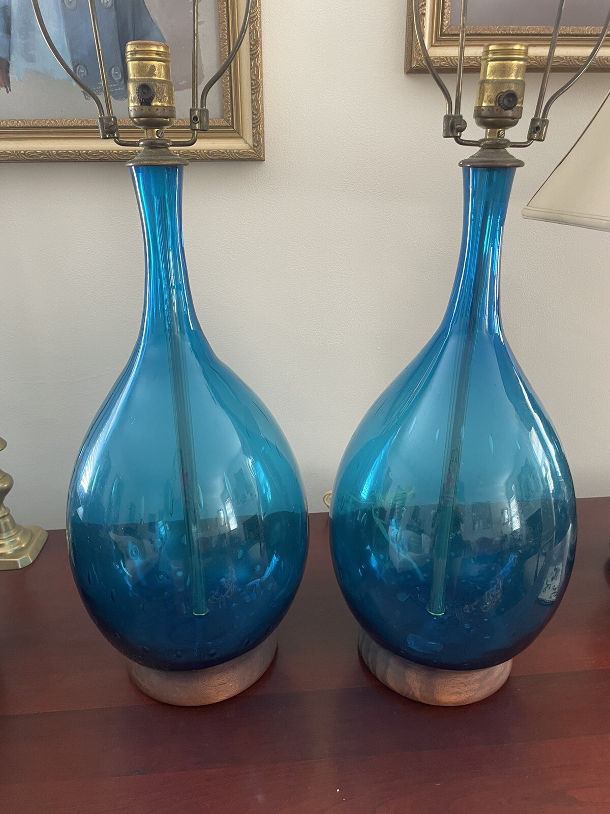 RARE Pair Large Vintage Blenko Handblown Table Lamps 1960s Teal Blue Excellent