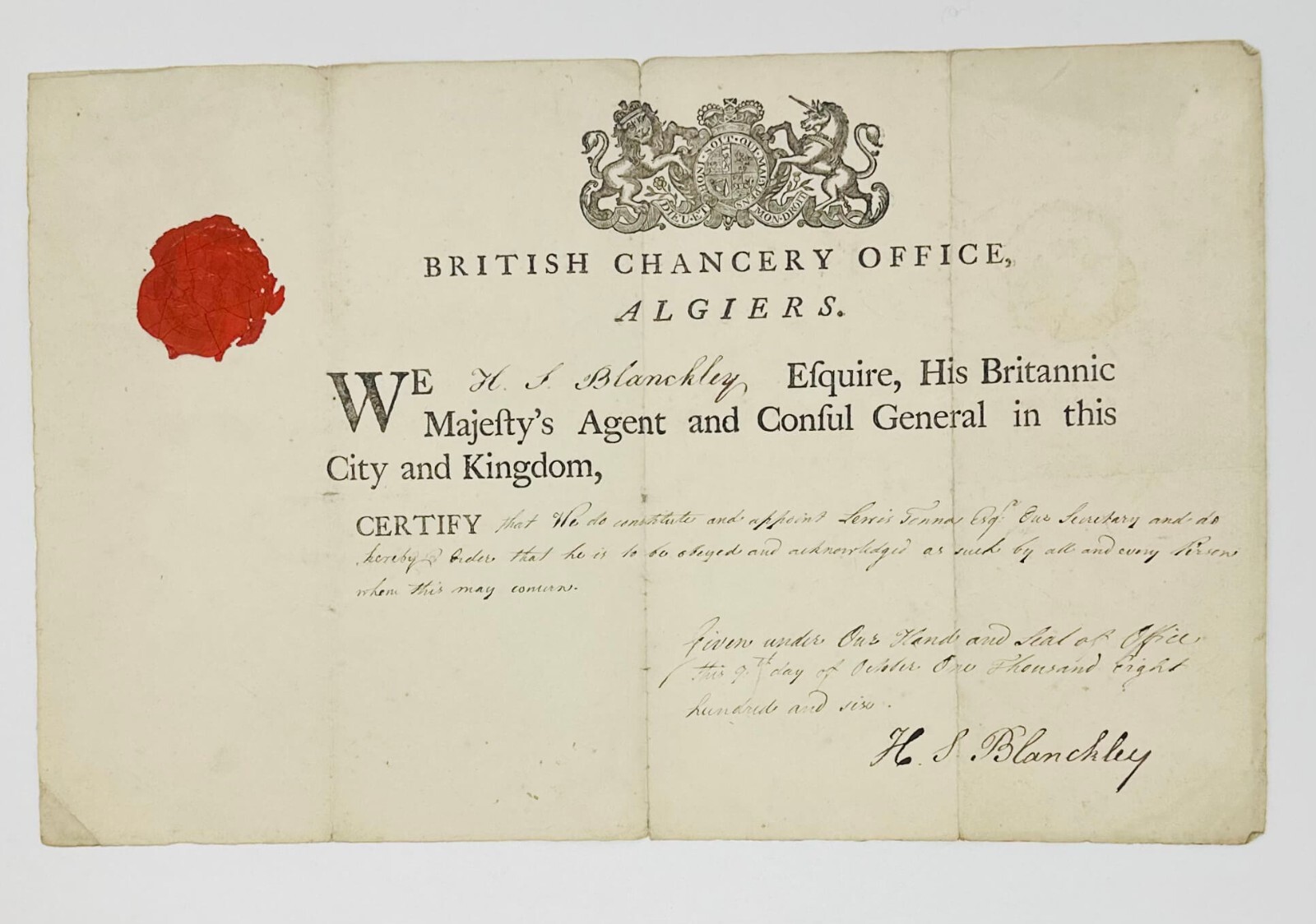 [ALGIERS] Original Certificate on the Form of British Chancery Office. 1806