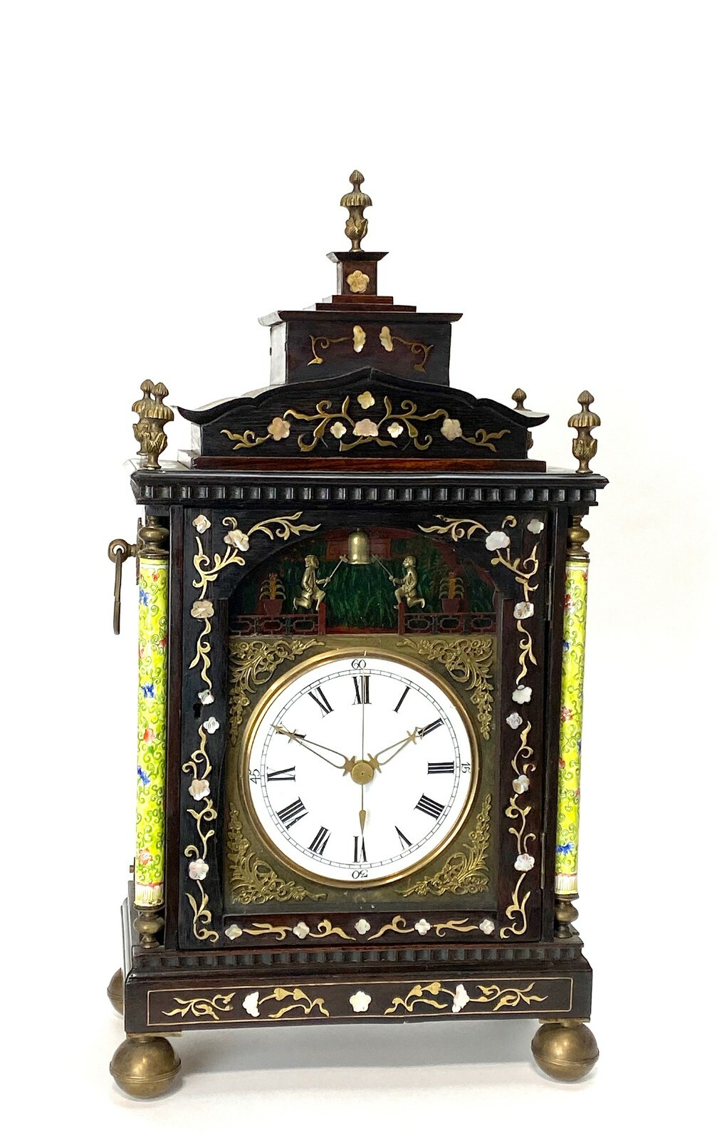 Antique Chinese Mother of Pearl Inlaid Automaton Figure Enamel Bracket Clock 