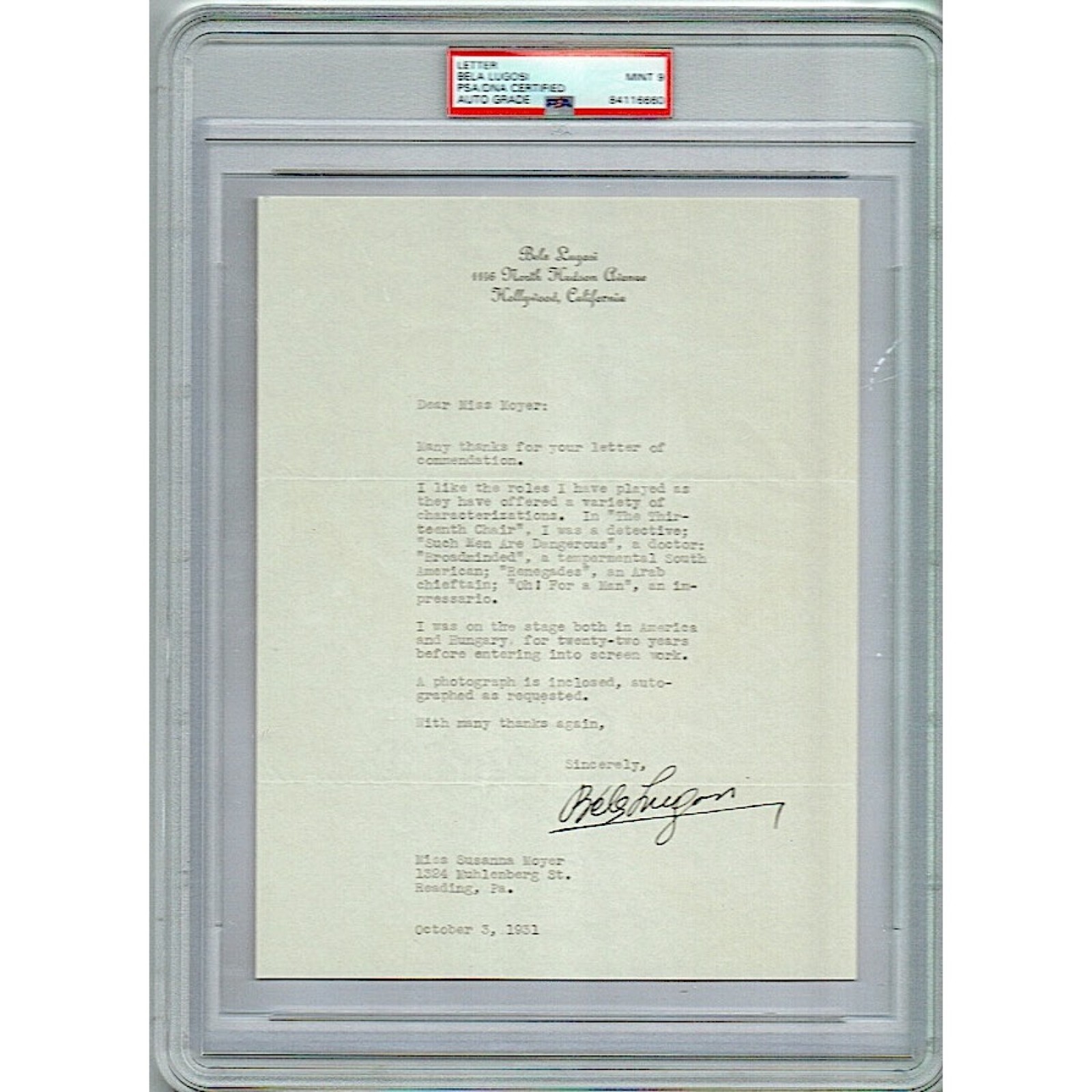 Bela Lugosi Signed 1931 Letter on Personal Letterhead - Dracula - PSA Mint 9 Bela Lugosi Signed 1931 Letter on Personal Letterhead - Dracula - PSA Mint 9