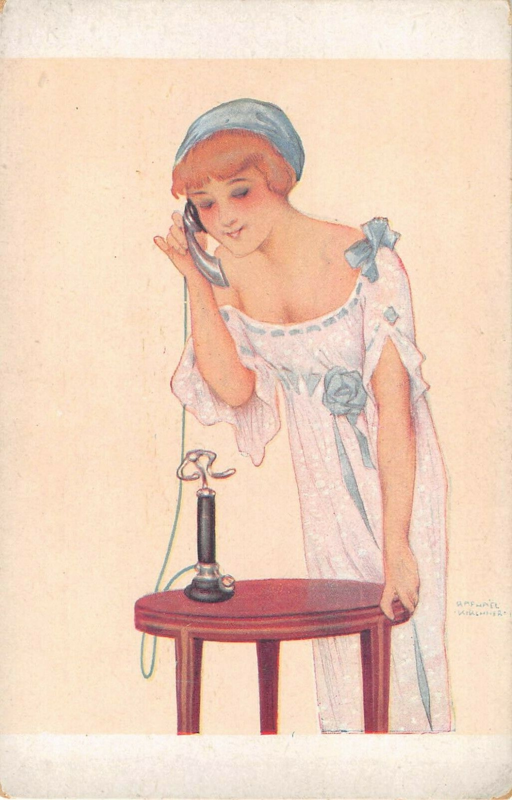 c.1910? sgd. Raphael Kirchner Pretty Girl Talking on Telephone post card