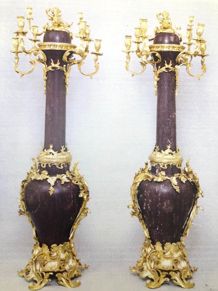 Antique 19th C Pair of French Gilt Bronze Marble Torchieres Floor Candelabras
