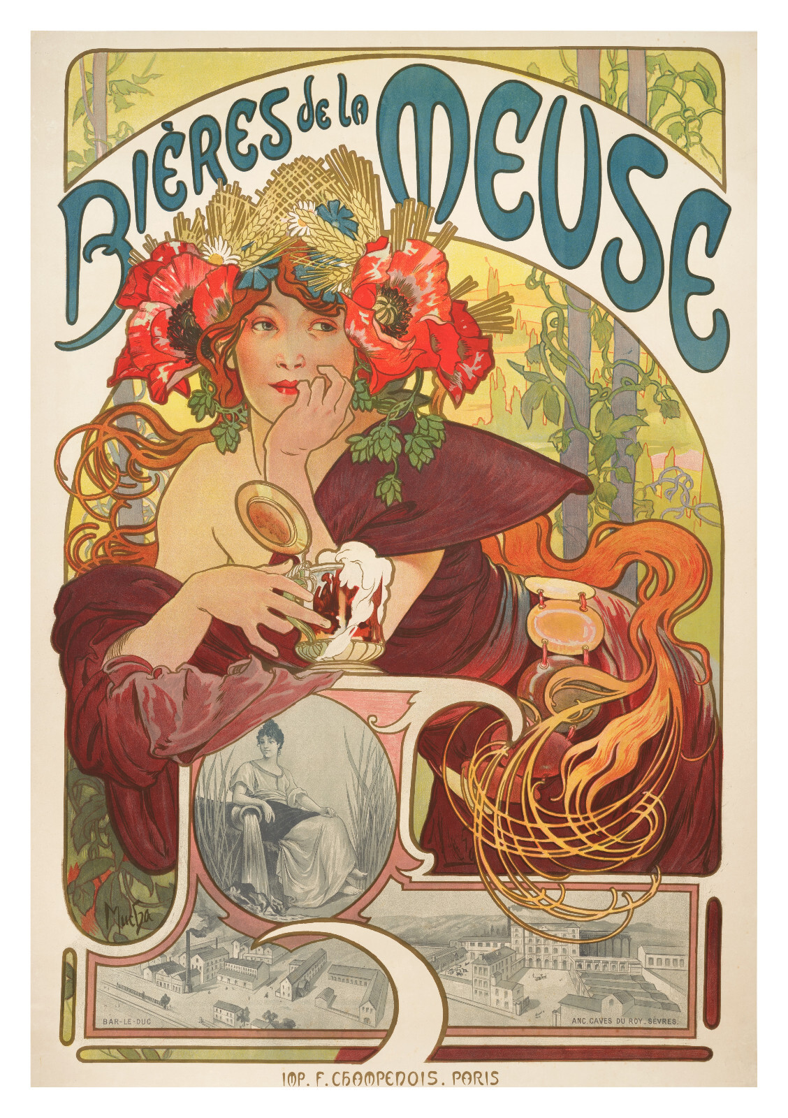 Original Art Nouveau Poster, A. Mucha, Meuse Beer, Belle Epoque, 1897