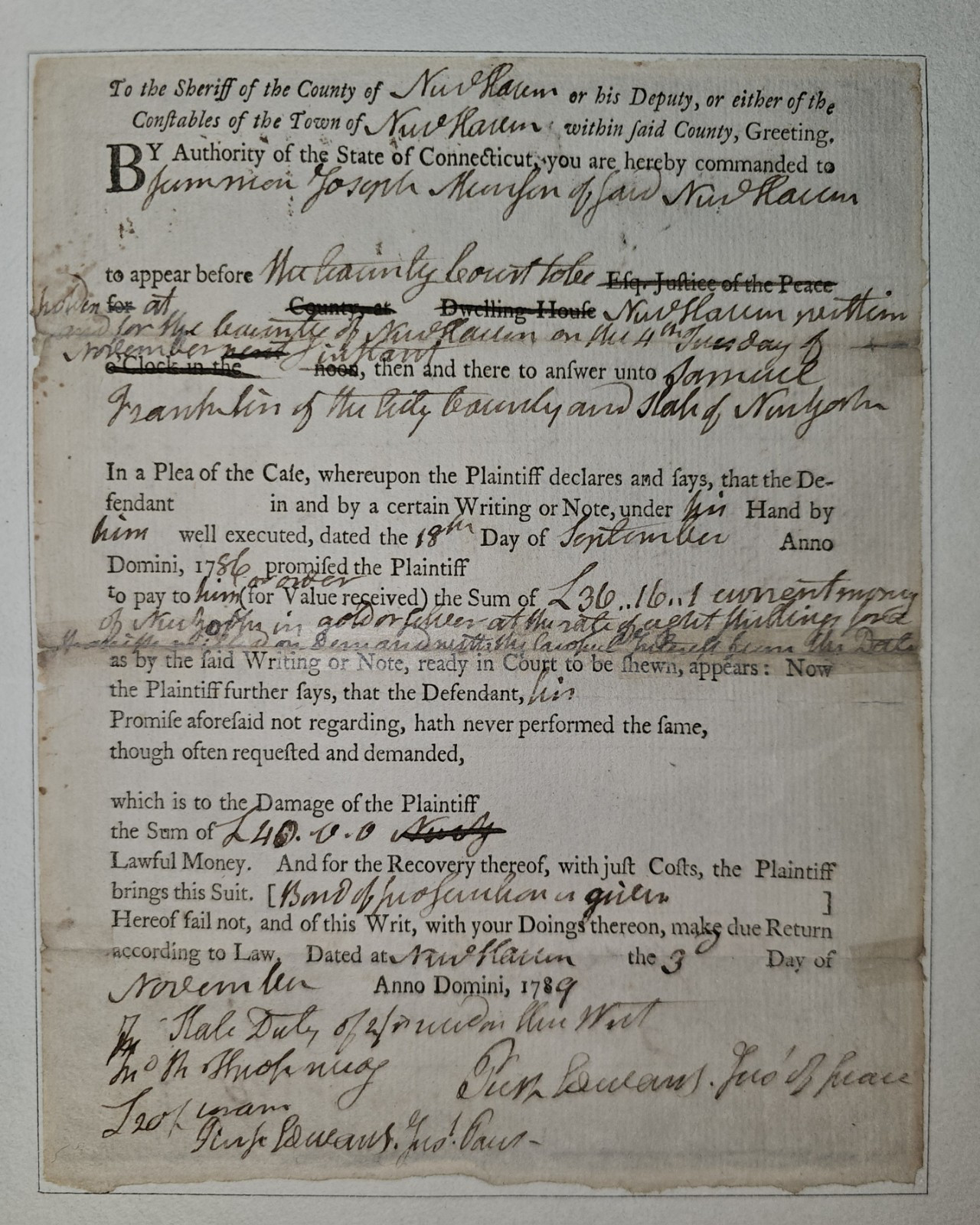 1789 New Haven, CT Legal Summons, Samuel Franklin v. Joseph Munson Debt Relief 1789 New Haven, CT Legal Summons, Samuel Franklin v. Joseph Munson Debt Relief