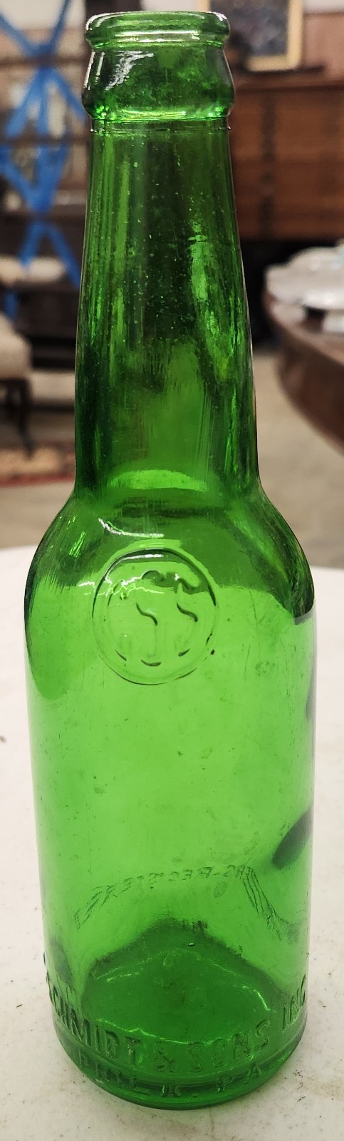 Vintage Mid 20th Century Green Glass C. Schmidt + Sons Beverage Bottle Phila Pa Vintage Mid 20th Century Green Glass C. Schmidt + Sons Beverage Bottle Phila Pa