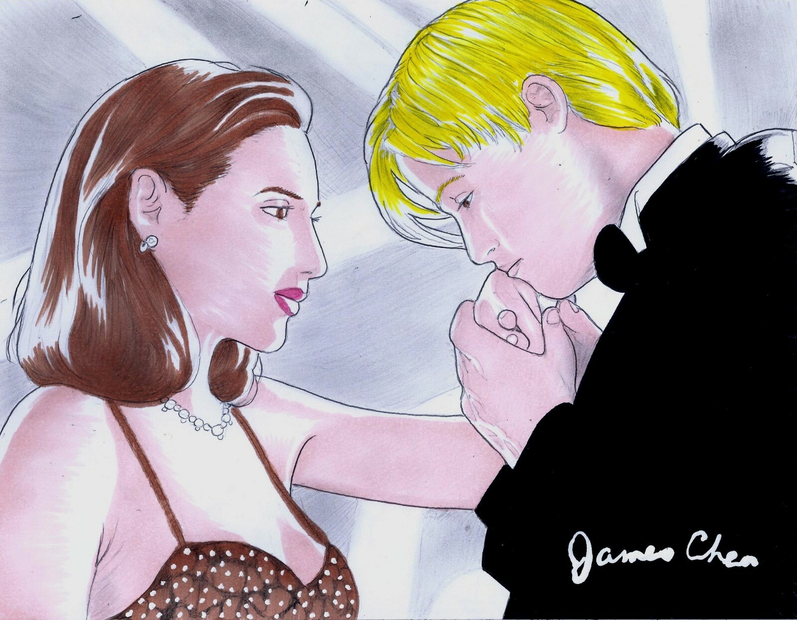 BRAD PITT CLAIRE FORLANI MEET JOE BLACK ORIGINAL ART BY COMIC ARTIST JAMES CHEN