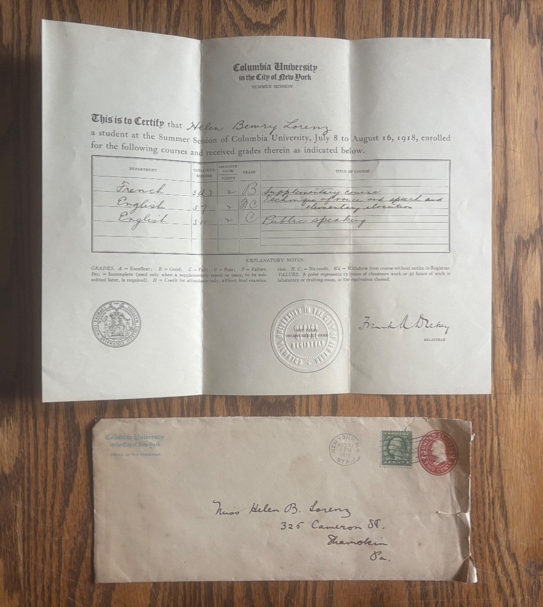 1918 Columbia University Summer Session Grade Certificate Shamokin PA + Cover 1918 Columbia University Summer Session Grade Certificate Shamokin PA + Cover