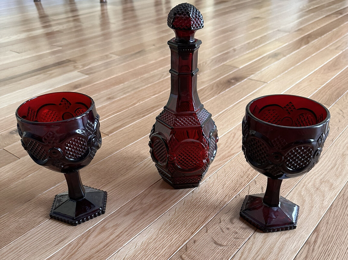 ruby red glasses avon 1876 cape cod collection 3 Piece Set Bubble Bath Decanter