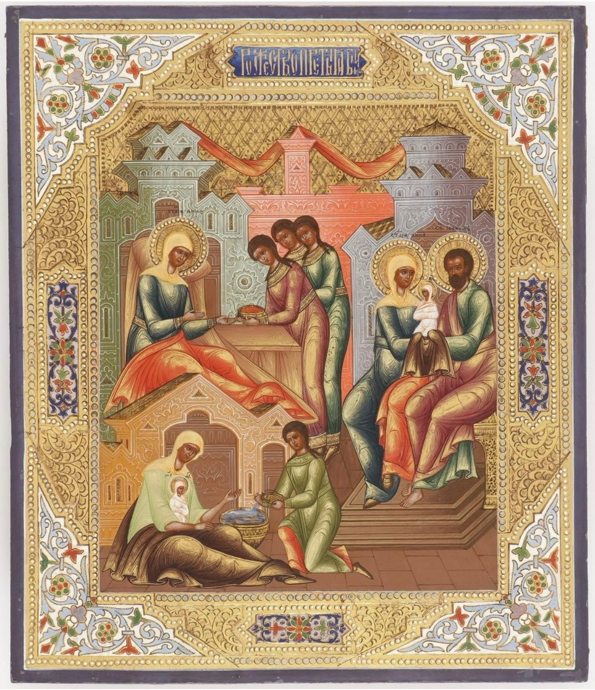 Nativity of the Virgin Icon – 1890 Palekh School, High-Quality Gilded Icon
