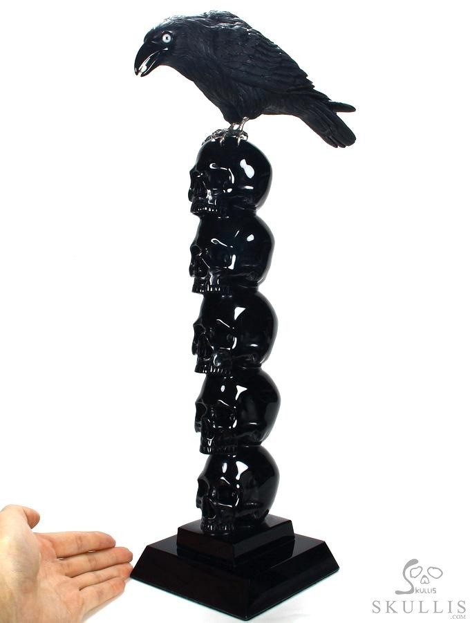 Ascendance - Black Obsidian & 925 Sterling Silver Carved Skulls and Raven with Ascendance - Black Obsidian & 925 Sterling Silver Carved Skulls and Raven with