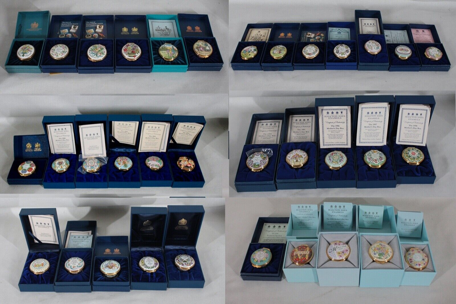 COLLECTION  OF 34 HALCYON DAYS MOTHERS DAY ANNUAL ENAMEL BOXES