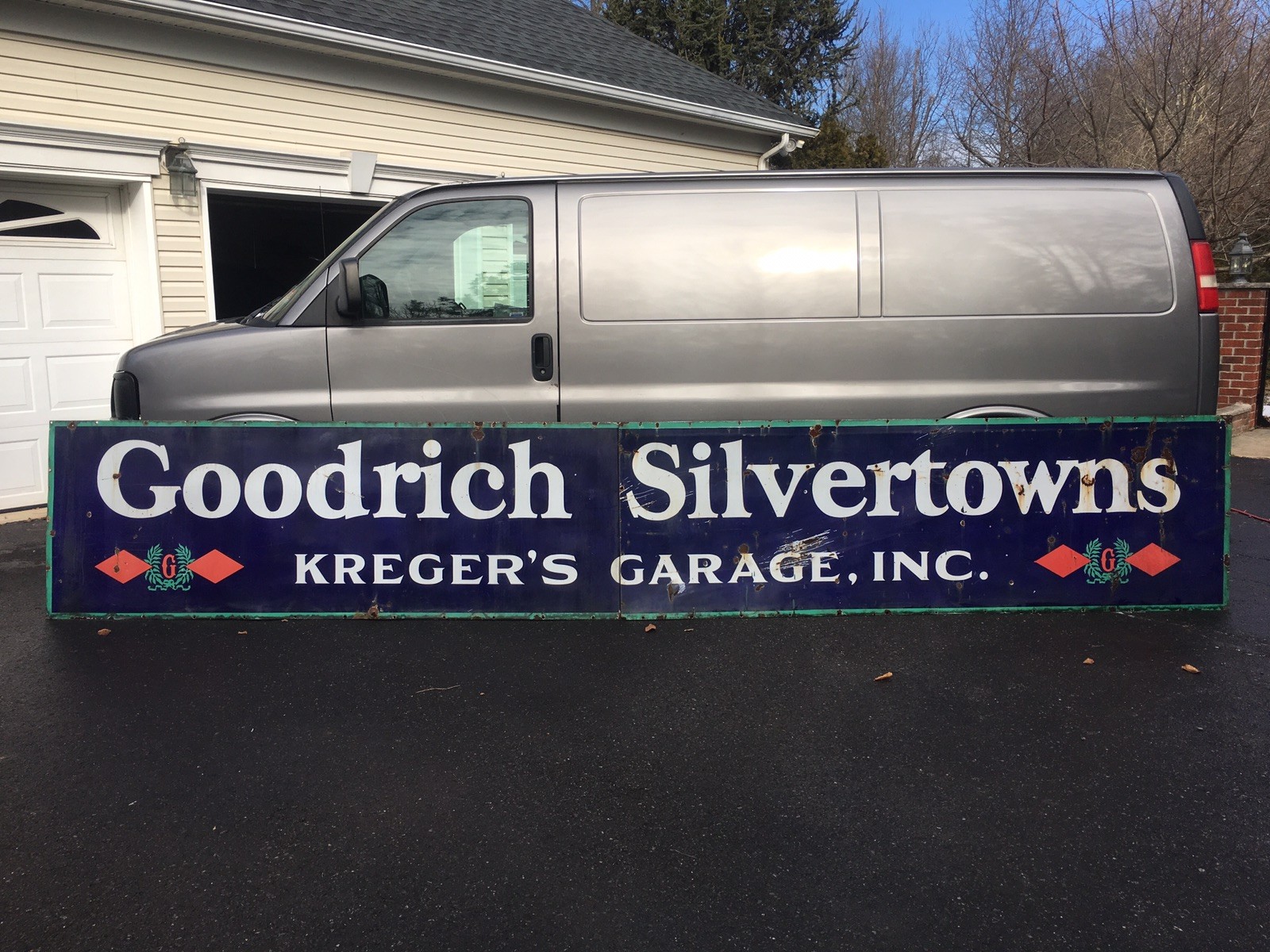 18ft Vintage 1930s GOODRICH SILVERTOWNS Tires Gas Oil Kreger’s Porcelain Sign 18ft Vintage 1930s GOODRICH SILVERTOWNS Tires Gas Oil Kreger’s Porcelain Sign