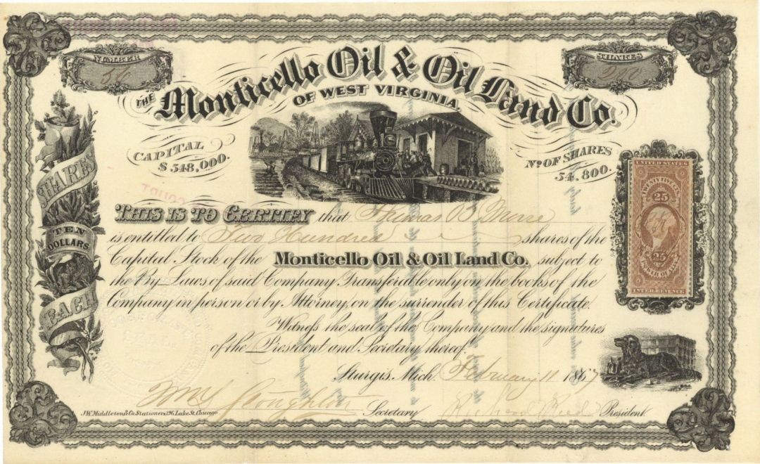 Monticello Oil and Oil Land Co. of West Virginia - 1867 dated Stock Certificat Monticello Oil and Oil Land Co. of West Virginia - 1867 dated Stock Certificat