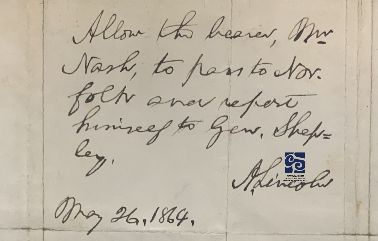 LINCOLN AUTOGRAPH ENDORSEMENT SIGNED - CIVIL WAR 1864 - LEW WALLACE BEN HUR