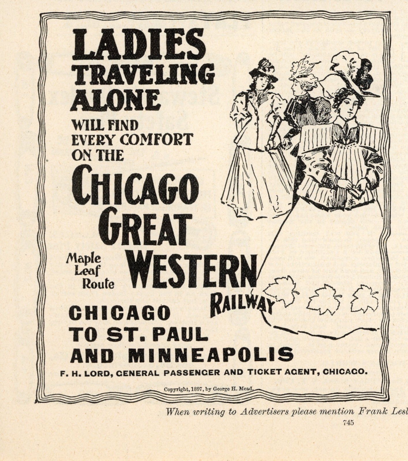 1897 Chicago Great Western Railway Railroad Print Ad Maple Leaf Route Ladies 1897 Chicago Great Western Railway Railroad Print Ad Maple Leaf Route Ladies