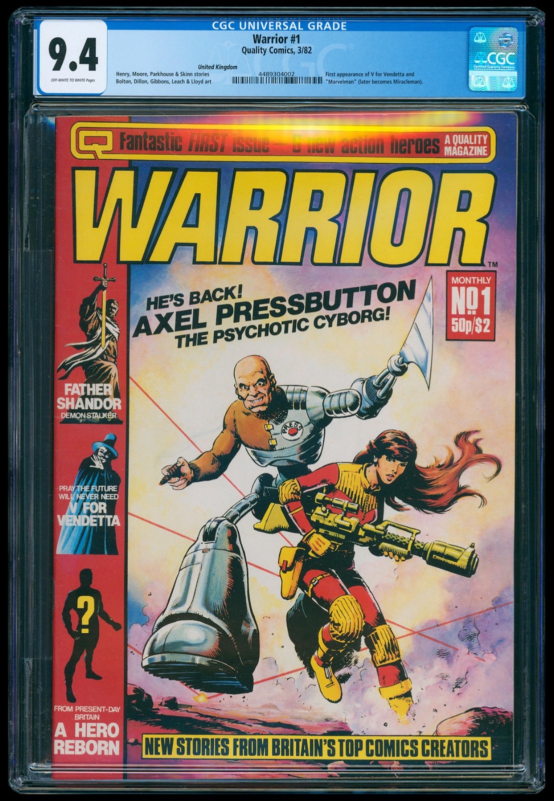 Warrior #1 CGC NM 9.4 1st V for Vendetta 1st Marvelman Alan Moore David Lloyd Warrior #1 CGC NM 9.4 1st V for Vendetta 1st Marvelman Alan Moore David Lloyd