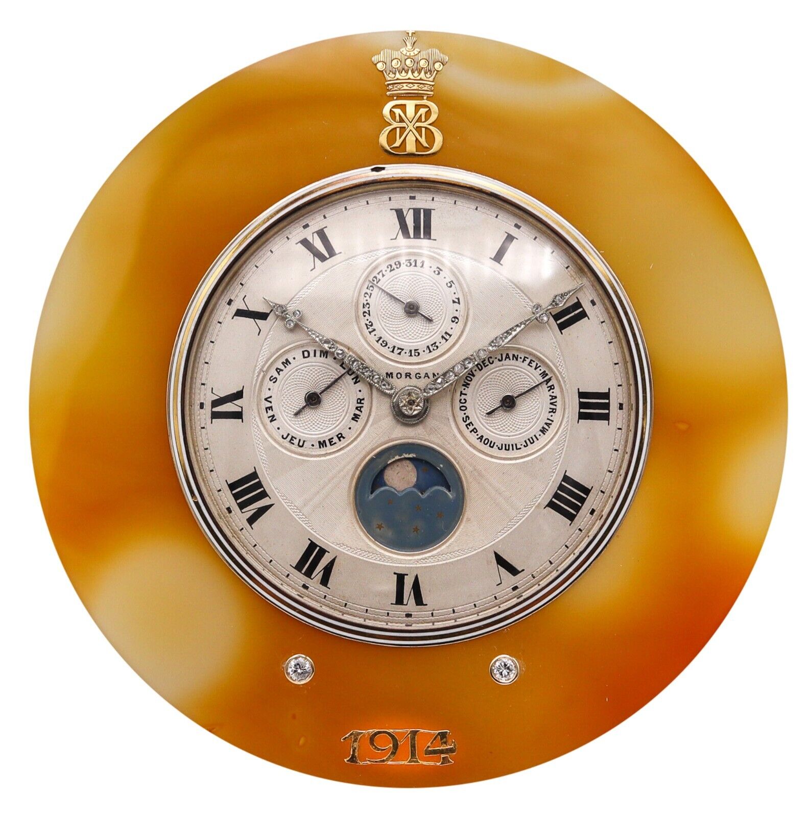 French 1914 Morgan Triple Calendar Desk Clock In Sterling Gold Platinum & Agate