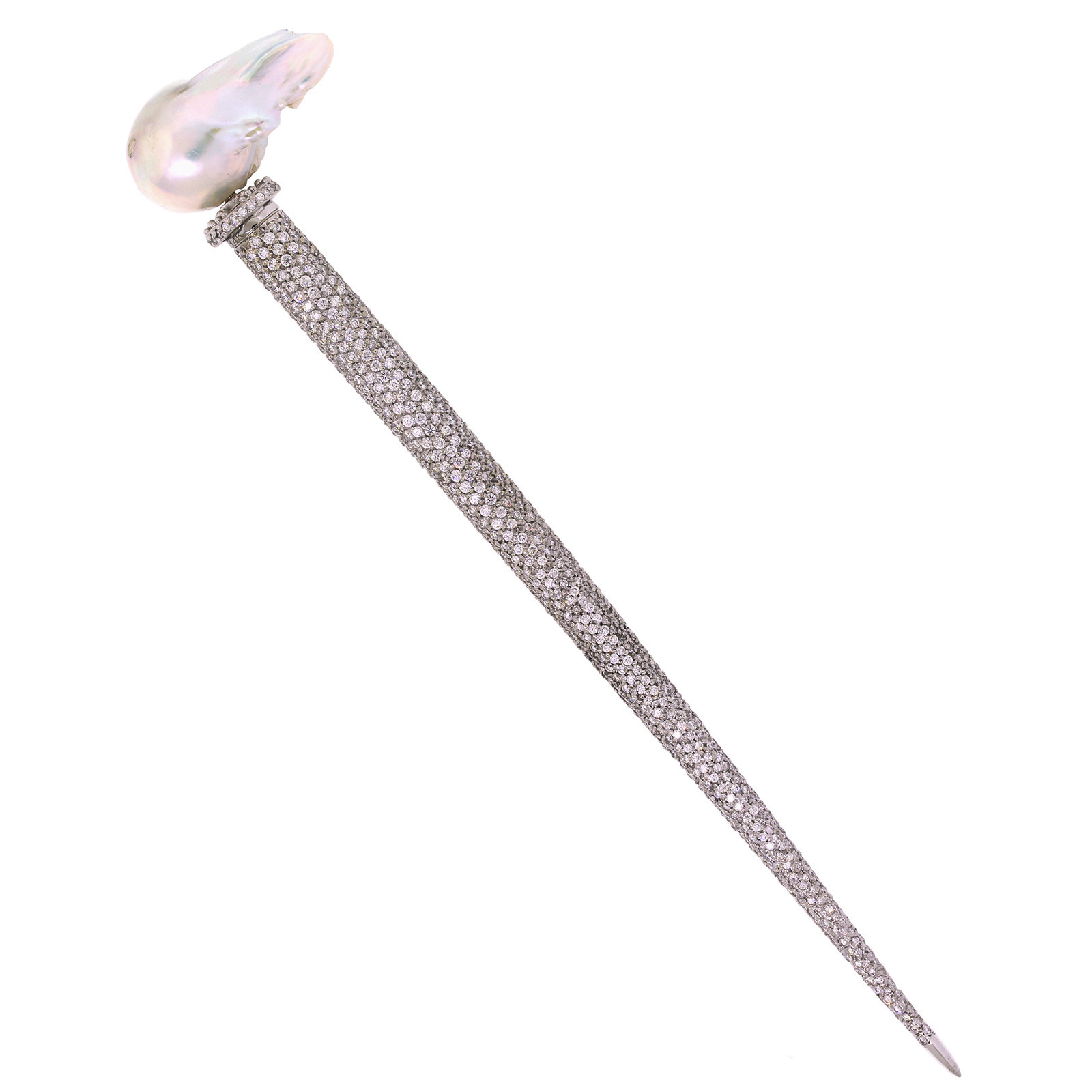 Vintage Japanese 14K White Gold Diamond Pave Baroque South Sea Pearl Hair Stick Vintage Japanese 14K White Gold Diamond Pave Baroque South Sea Pearl Hair Stick