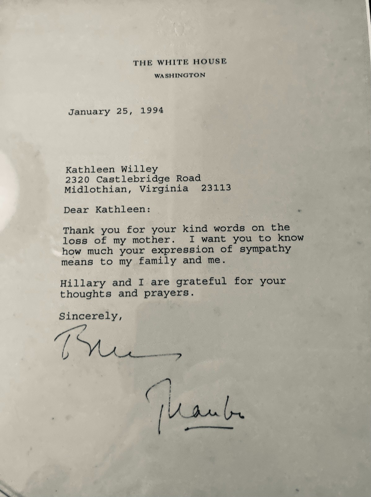Personalized Letter from President Bill Clinton to Kathleen Willey Personalized Letter from President Bill Clinton to Kathleen Willey