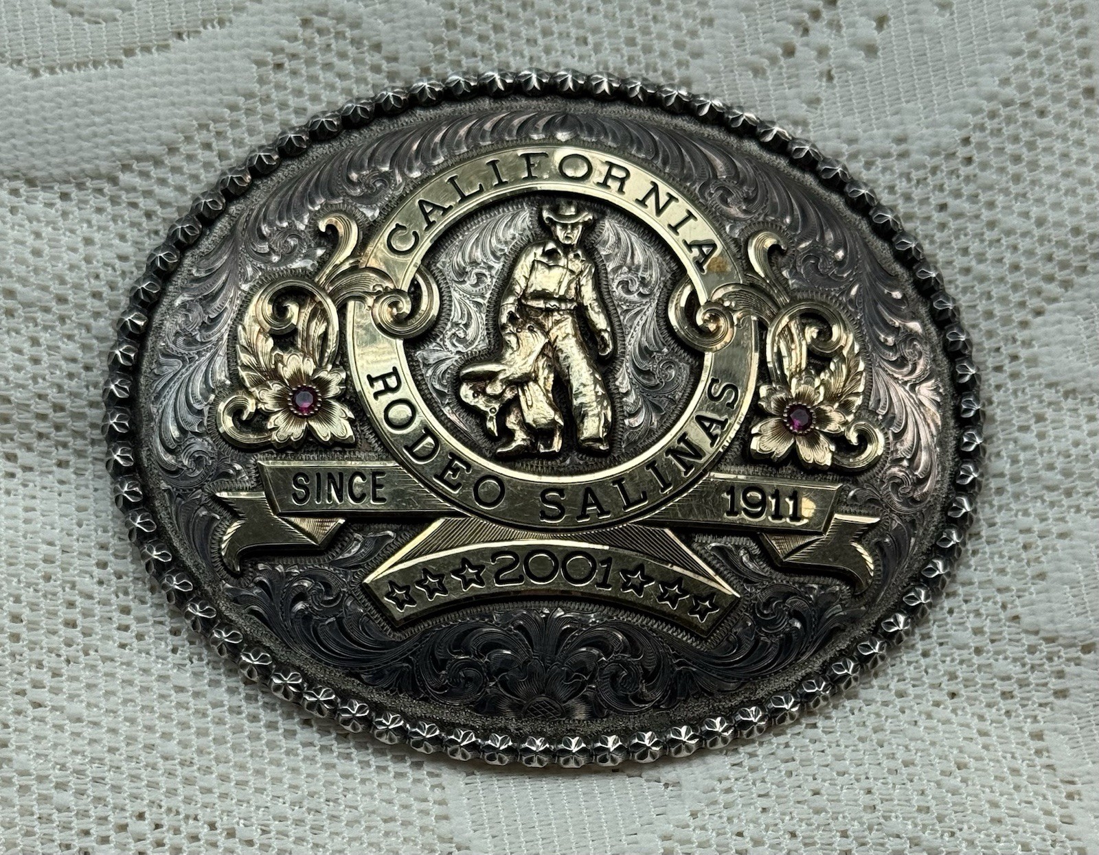 Custom-Made Gist Silversmith Salinas Rodeo Handmade Sterling Silver Buckle, 2001 Custom-Made Gist Silversmith Salinas Rodeo Handmade Sterling Silver Buckle, 2001