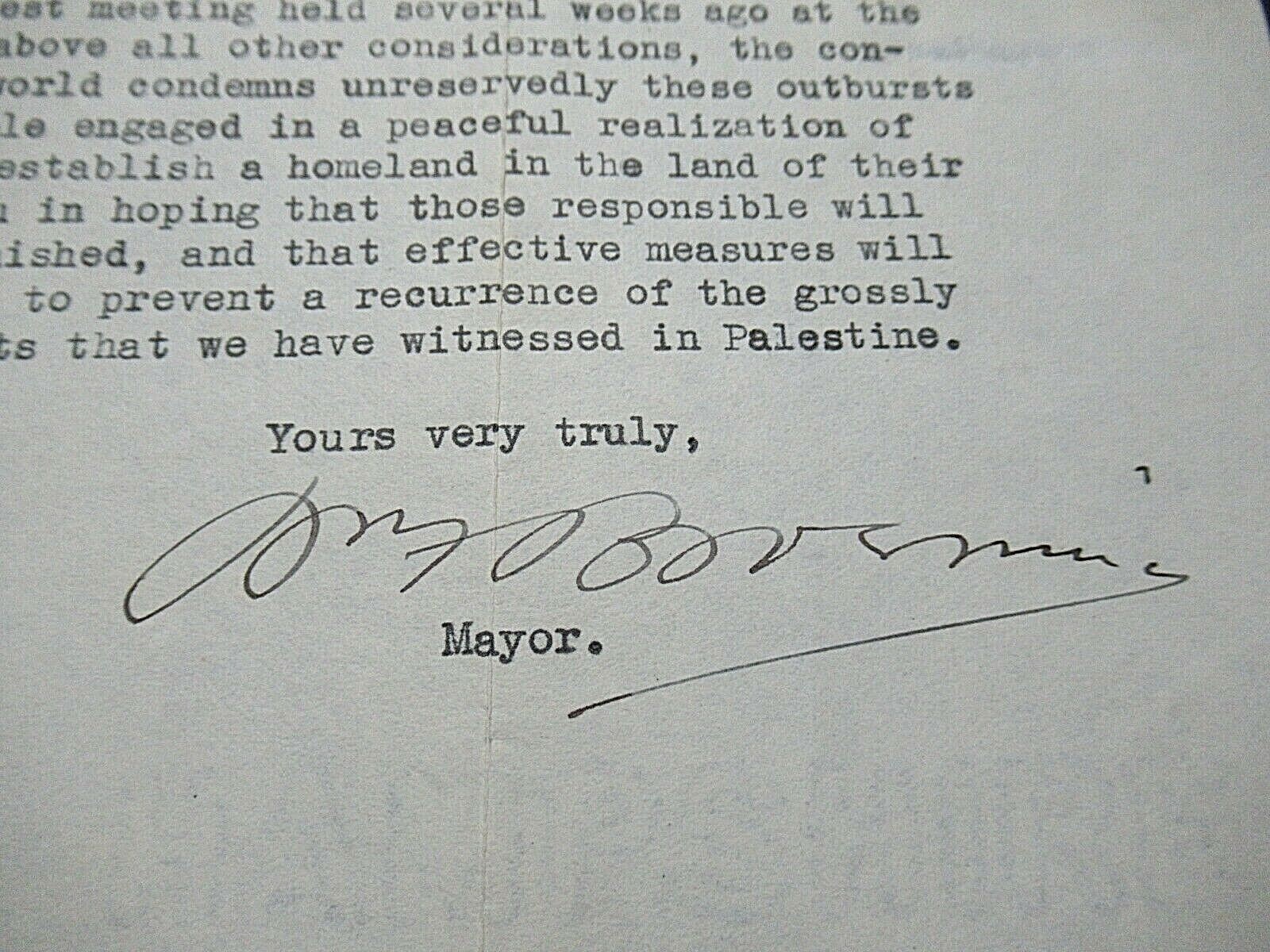 1929 Letter: Baltimore Mayor Broening Condemns Massacre in Hebron Palestine 1929 Letter: Baltimore Mayor Broening Condemns Massacre in Hebron Palestine