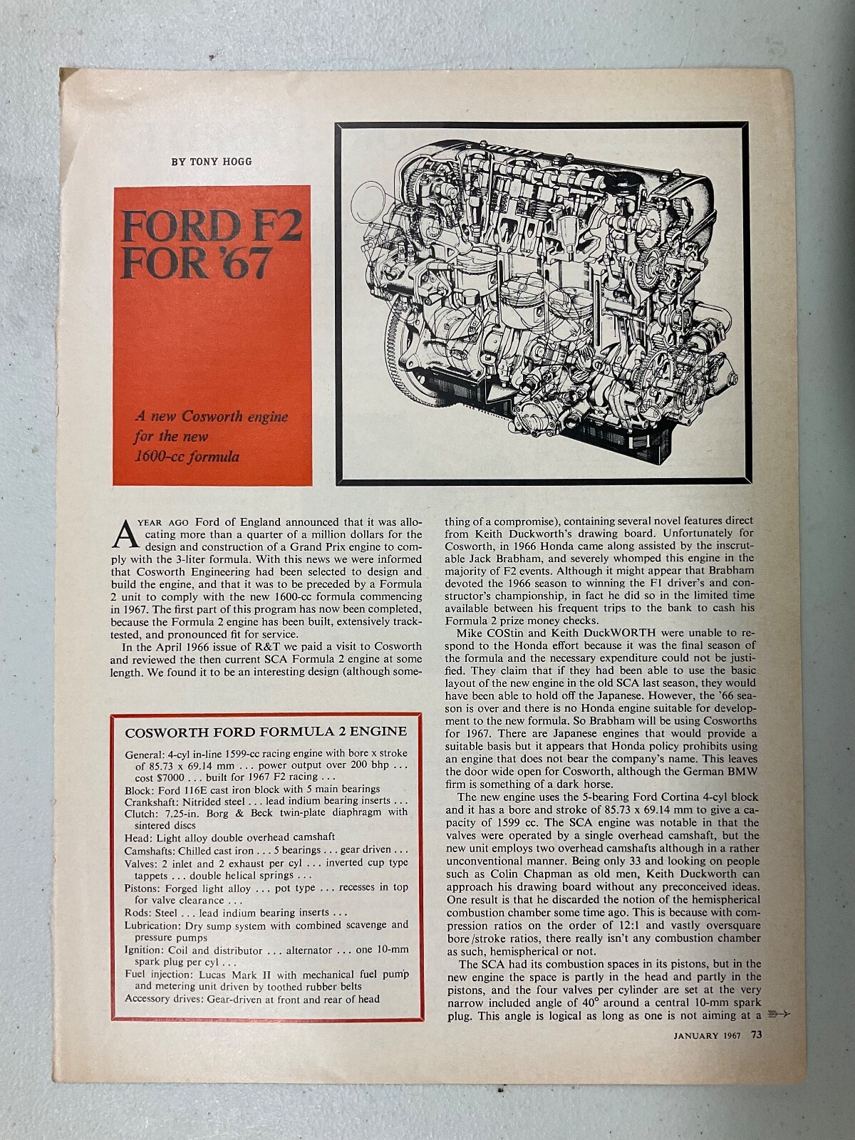 MISC1677 Vintage Article Engine Cosworth Ford F2 for 1967 Jan 1967 2 page
