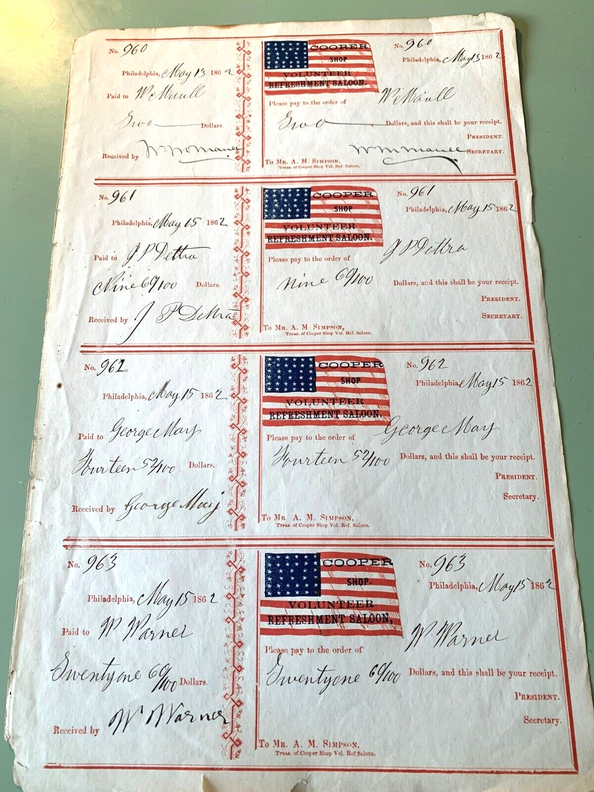 COOPER VOLUNTEER REFRESHMENT SALOON – Uncut Sheet of 1862 Civil War Receipts