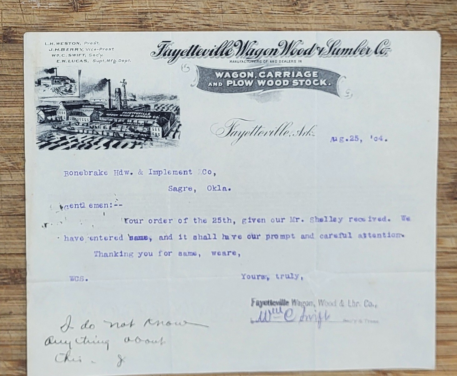 1904 Letterhead Arkansas Fayetteville Wagon Wood  Lumber