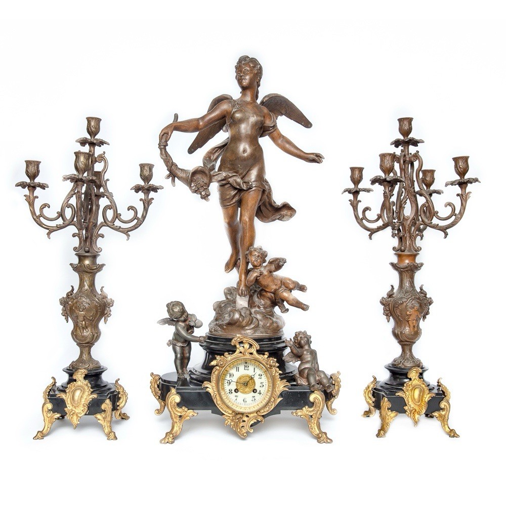 Large French ARGENT Bronze Clock Set w/ Cherubs,Black Marble Base, 1855 Movement