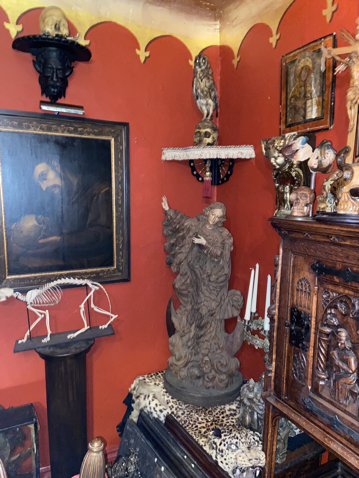 Antique Baroque Wooden Carved Saint Statue 18-19th Century Dragon Moon  Church