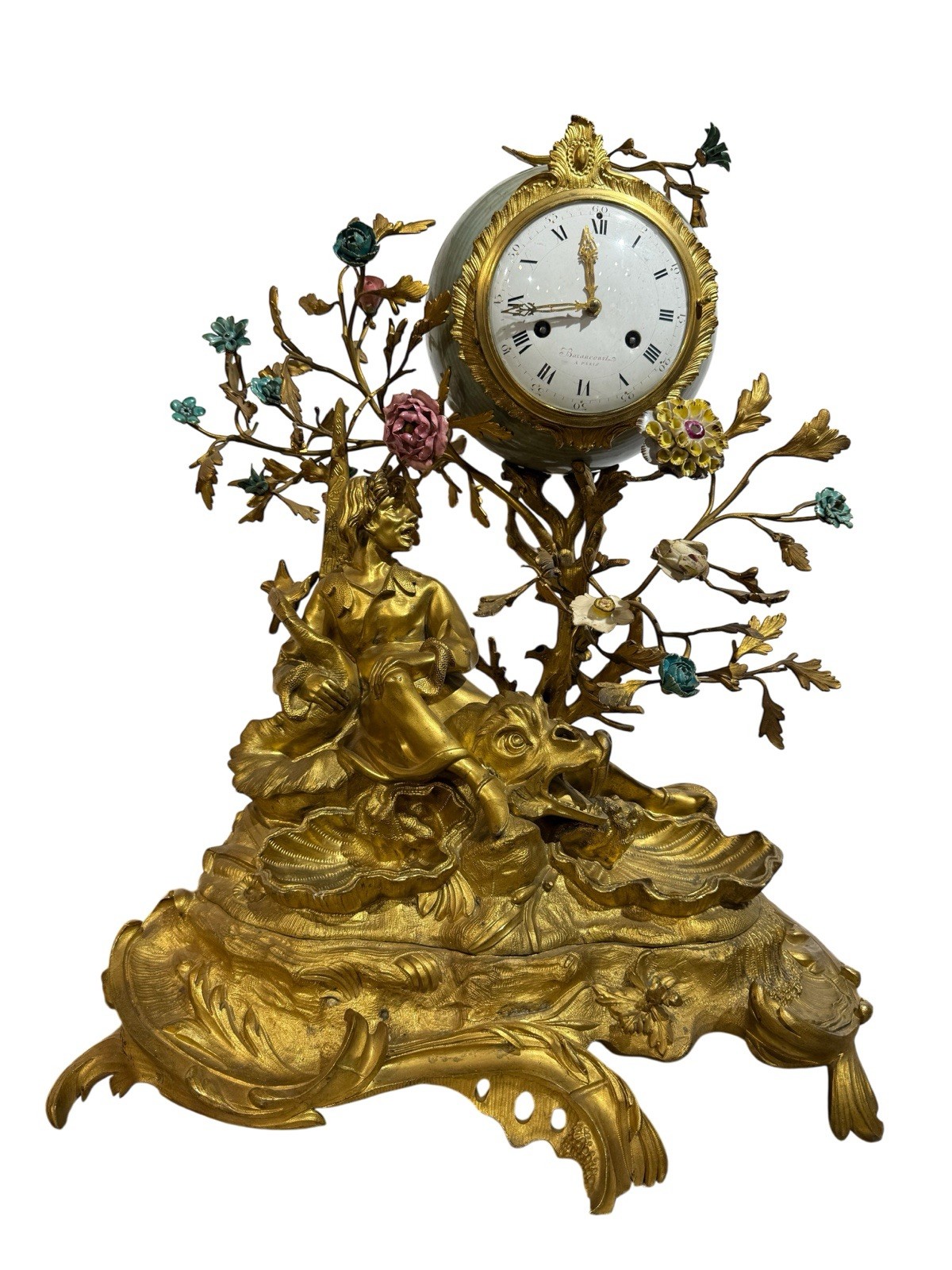 A Magnificent Chinoiserie Gilt Bronze & Porcelain Mantel Clock By Barancourt