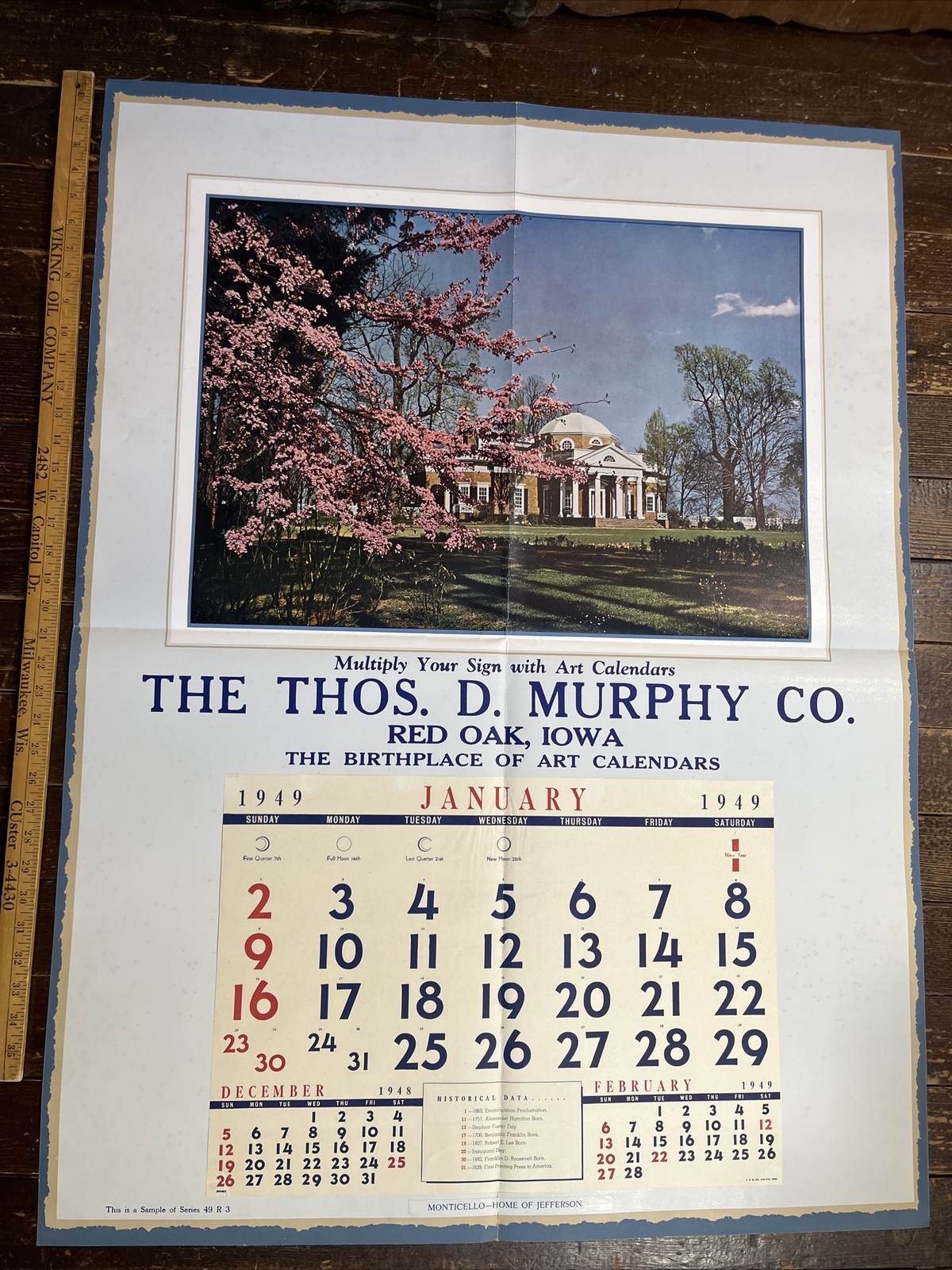 1949 Salesman Copy Calendar Monticello Home Of Jefferson Series 49R3 RARE VTG 1949 Salesman Copy Calendar Monticello Home Of Jefferson Series 49R3 RARE VTG