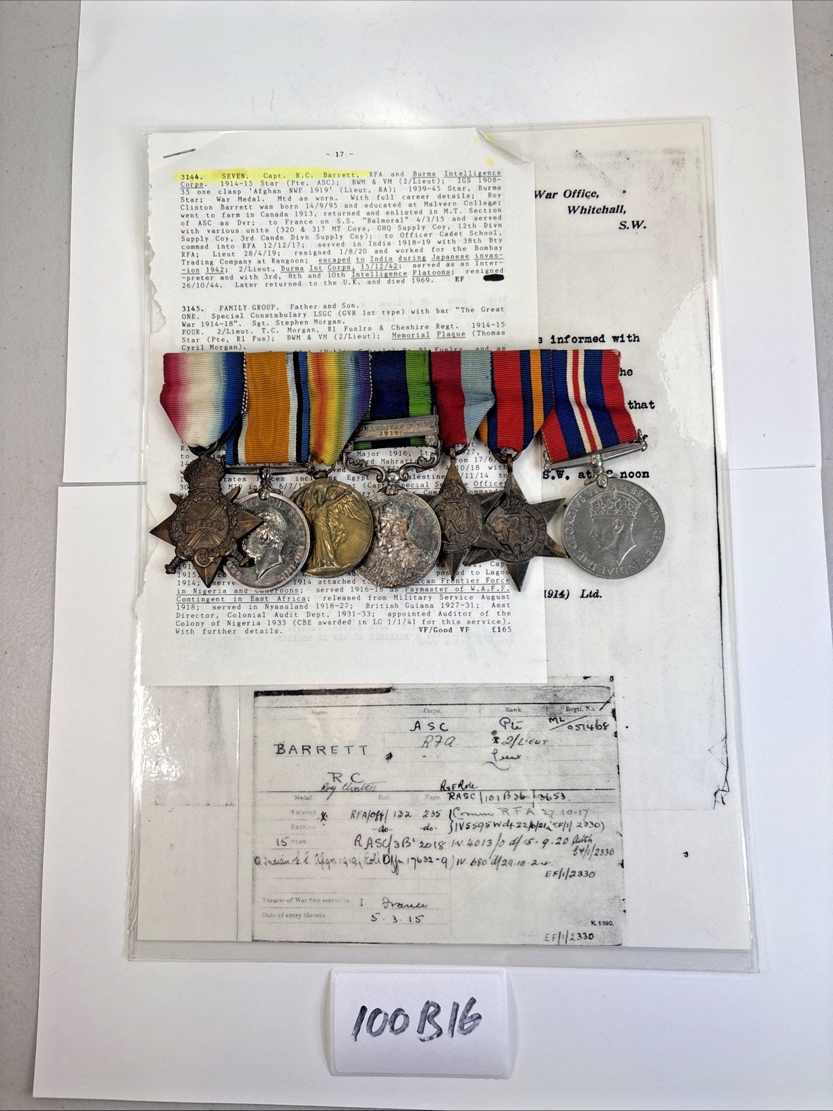 British 7-Medal Ribbon Bar R C Barrett Service Record Pre-WW1 to WW2 100B16