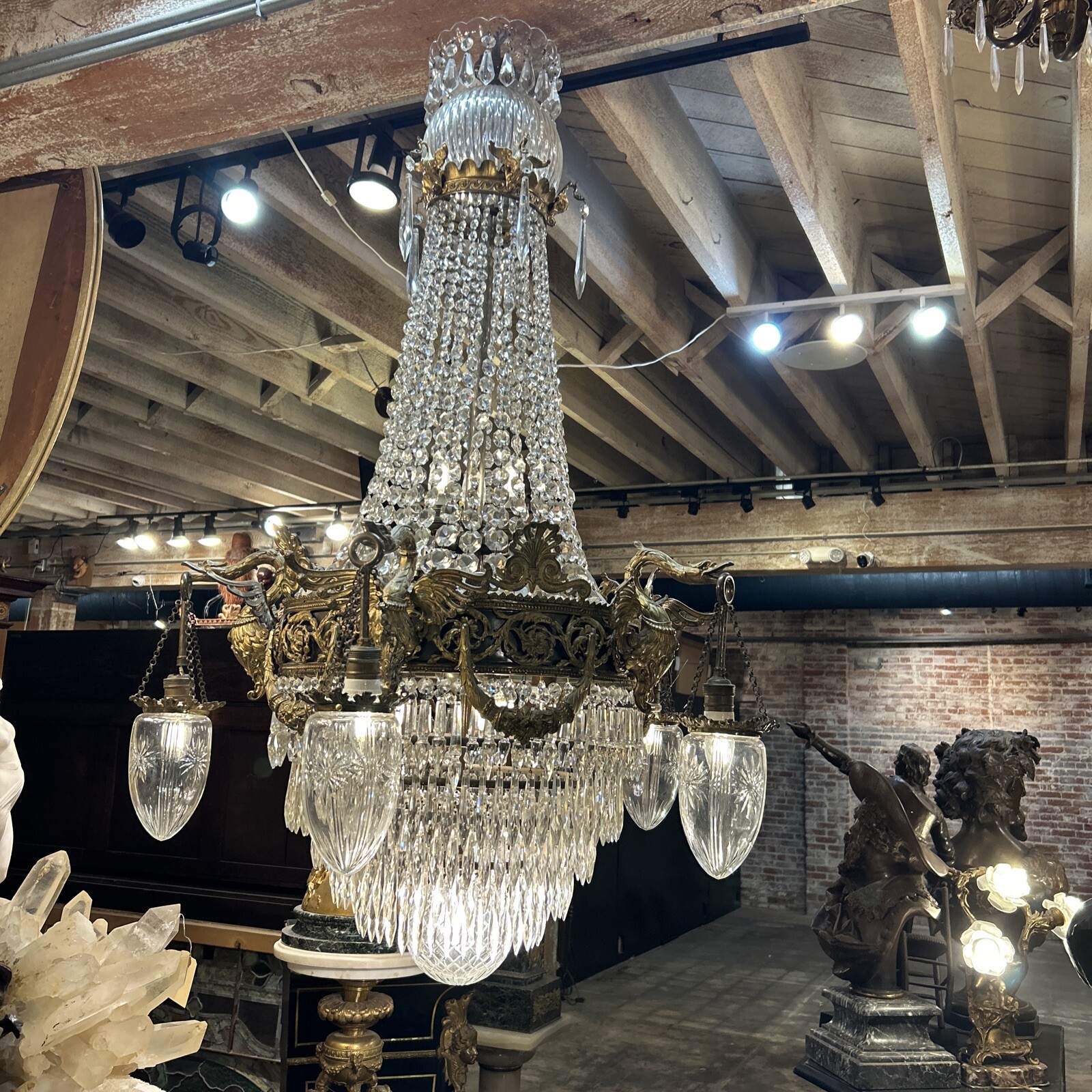 FRENCH GILDED BRONZE CRYSTAL PALACE CHANDELIER, CIRCA 1880, SWANS, STUNNING FRENCH GILDED BRONZE CRYSTAL PALACE CHANDELIER, CIRCA 1880, SWANS, STUNNING