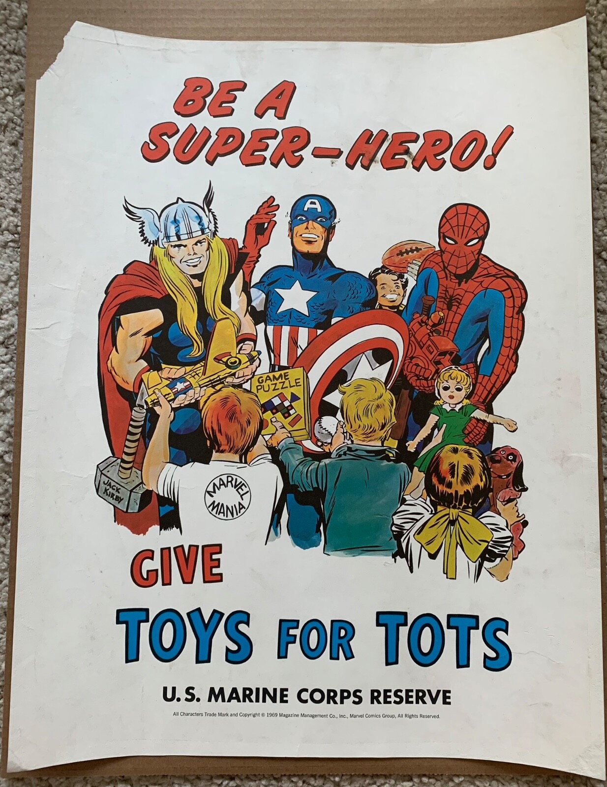 Vintage 1969 JACK KIRBY MARVEL SUPERHEROES TOYS FOR TOTS Poster MARVELMANIA