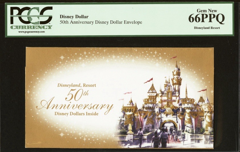 2005 Disney Dollar ENVELOPE 50th Anniversary Disneyland Resort, SCARCE, PCGS 66