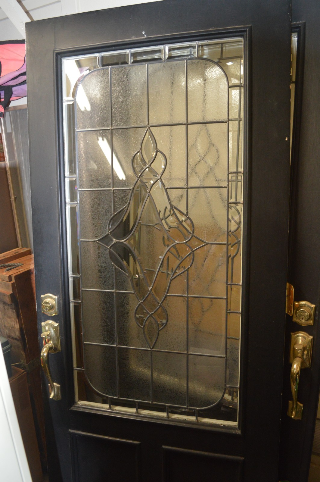 LEADED BEVELED GLASS & WOOD DOUBLE DOORS W/HARDWARE