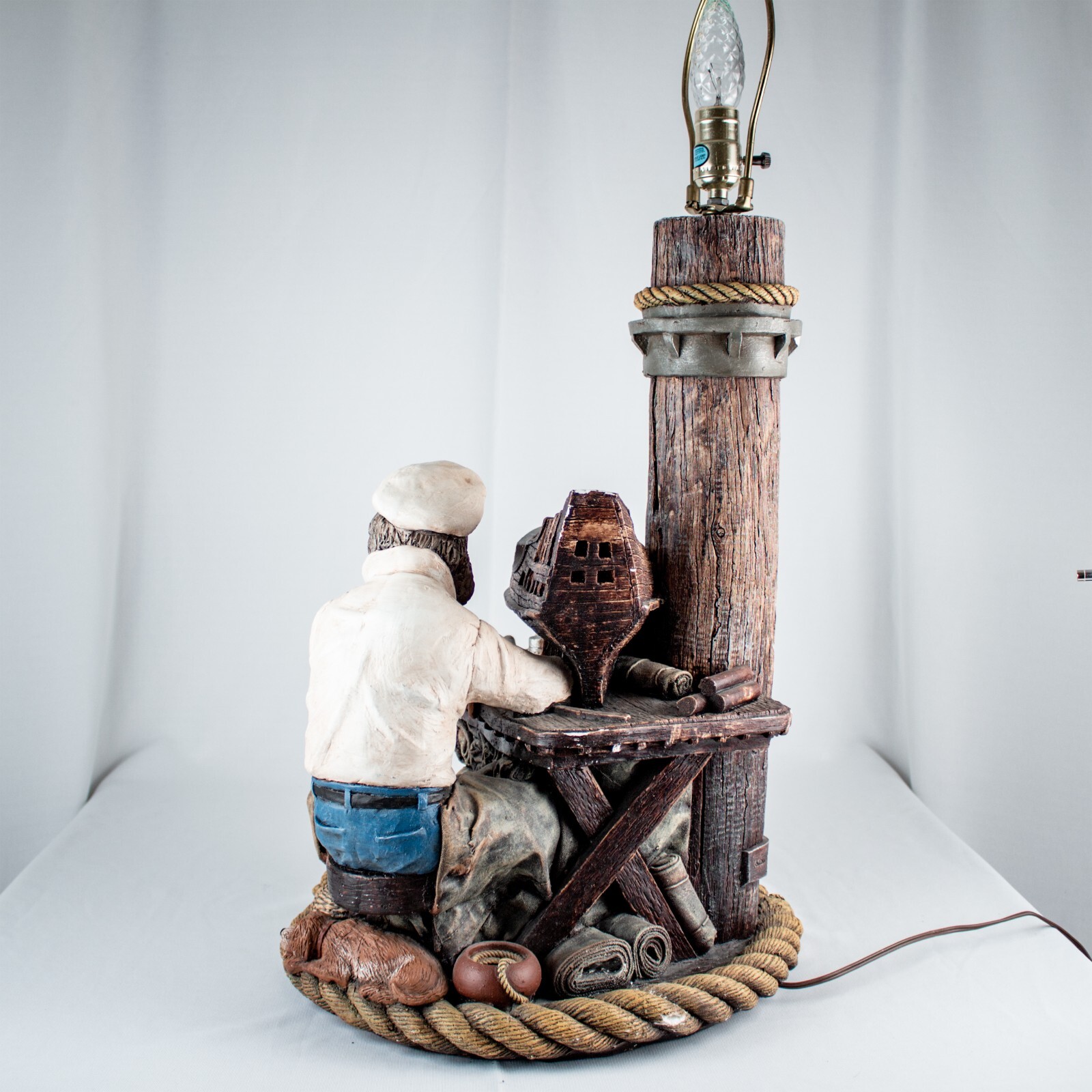 VINTAGE Nautical Wood Carving Fisherman's Boat Dog Large Floor Lamp 30