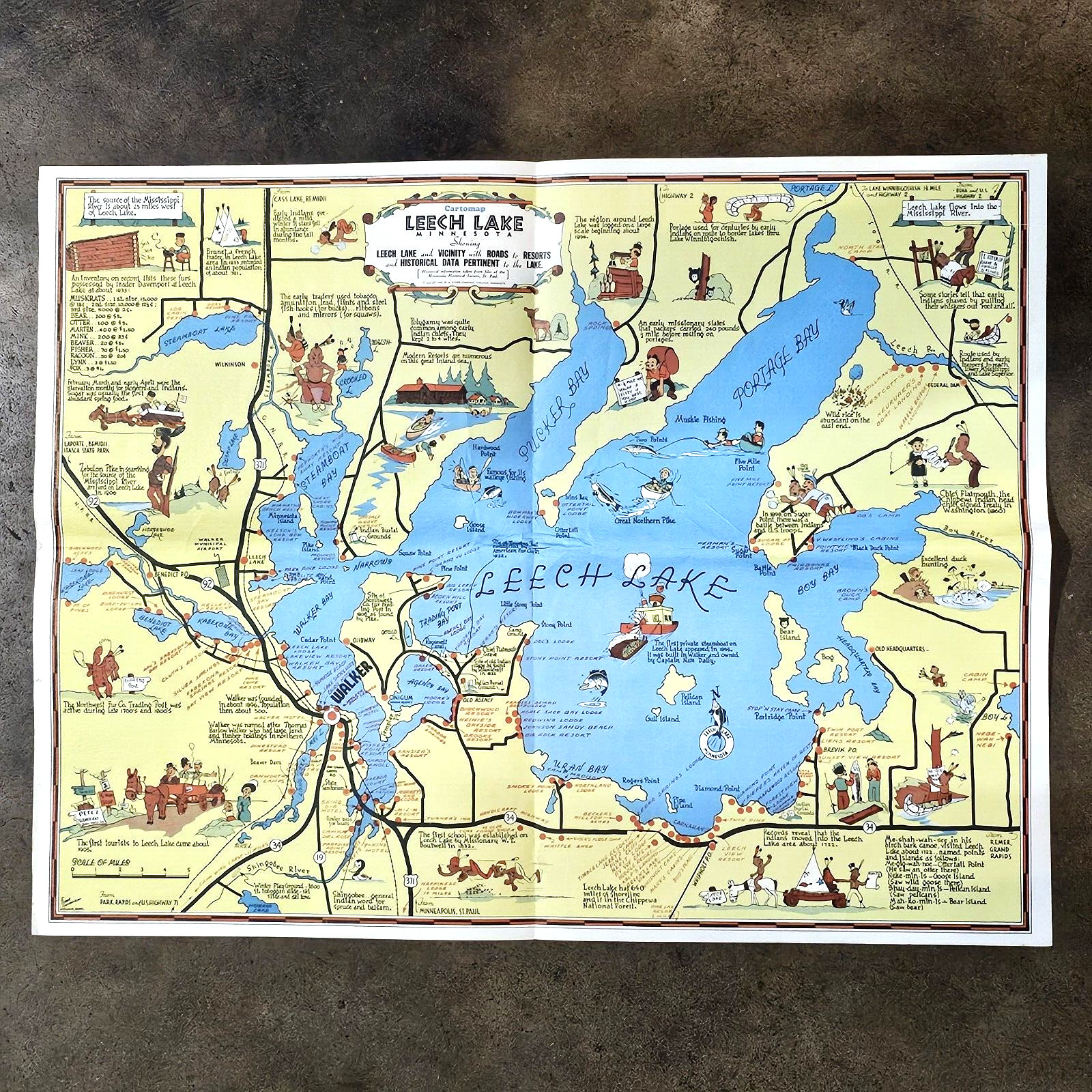 Original Vintage LEECH LAKE Map Frank Antoncich 1940 Minnesota hysterical auto