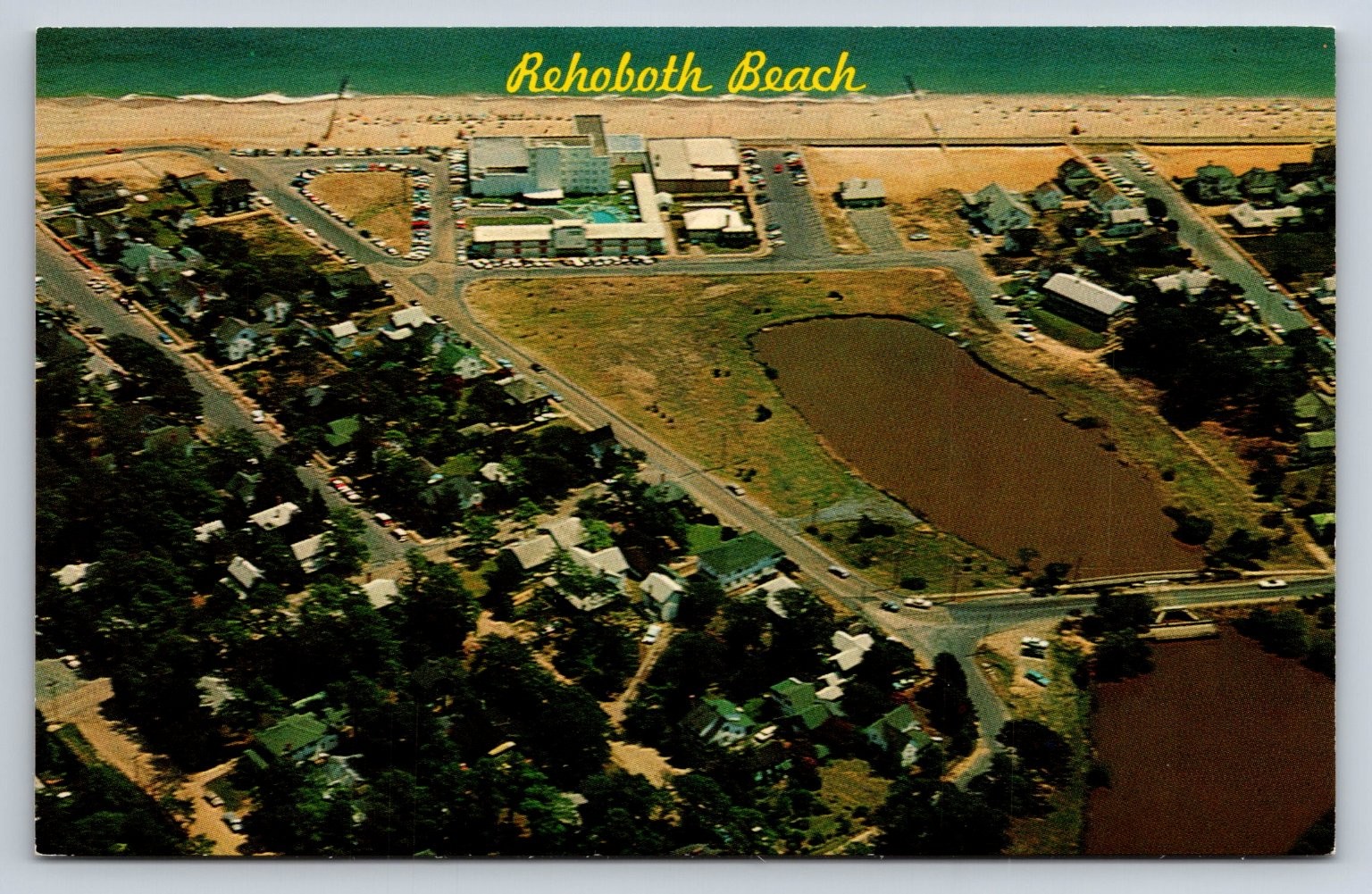 Rehoboth Beach DE Aerial View New Henlopen Hotel Lake Gerar Mirro-Krome Postcard