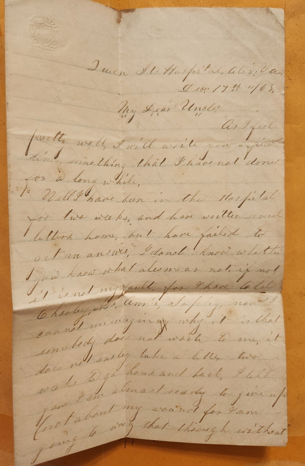 110th Ohio Letter Russian Fleet Dec 17-18, 1863 from Queen Street Hospl, Alex Va