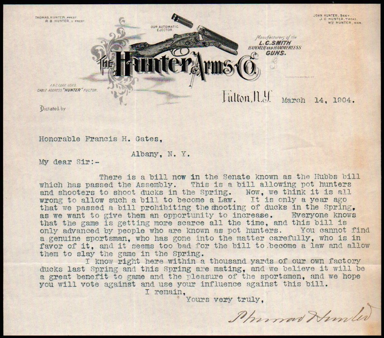 1904 Filton NY - Hunter Arms Co - Guns - RARE Sighed by Hunter Letter Head Bill 1904 Filton NY - Hunter Arms Co - Guns - RARE Sighed by Hunter Letter Head Bill