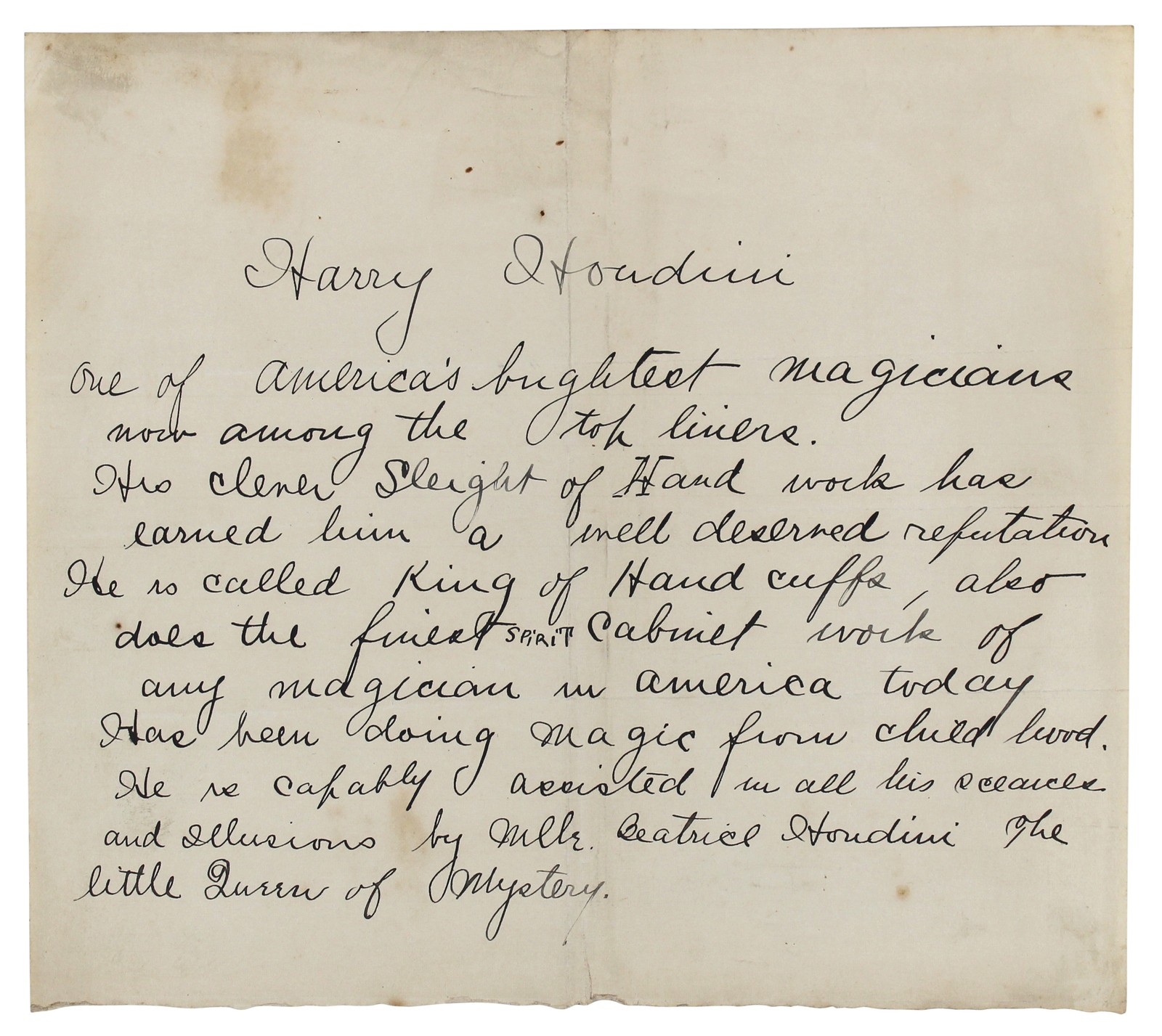 Harry Houdini Authentic Signed 7.25x8.25 Handwritten Press Release BAS #AB76510 Harry Houdini Authentic Signed 7.25x8.25 Handwritten Press Release BAS #AB76510